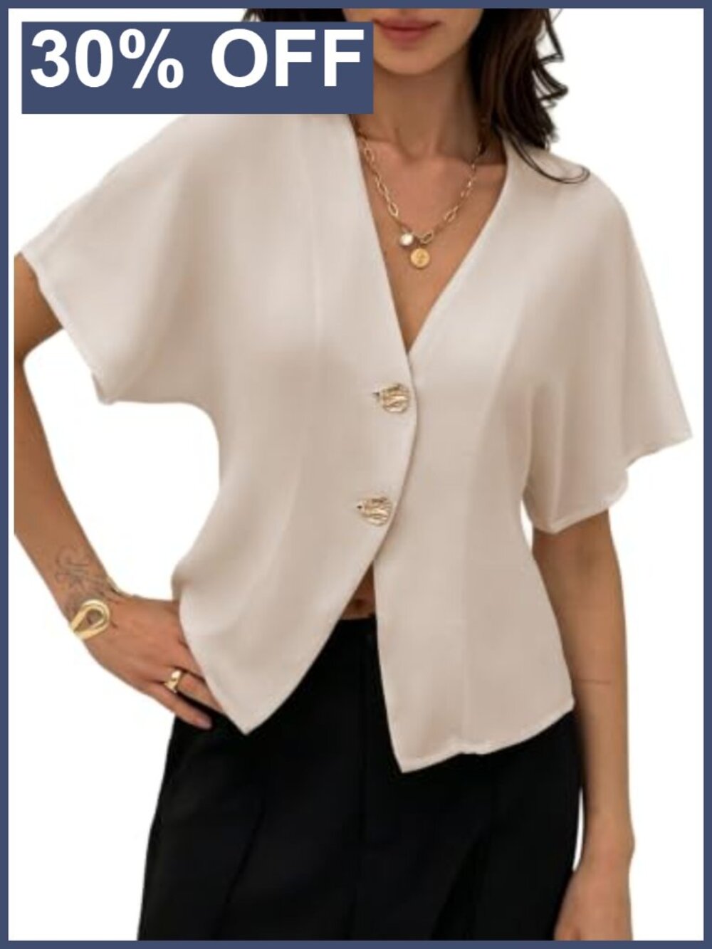 Womens V-Neck Flutter Sleeve Button Down Blouse Business Casual Top